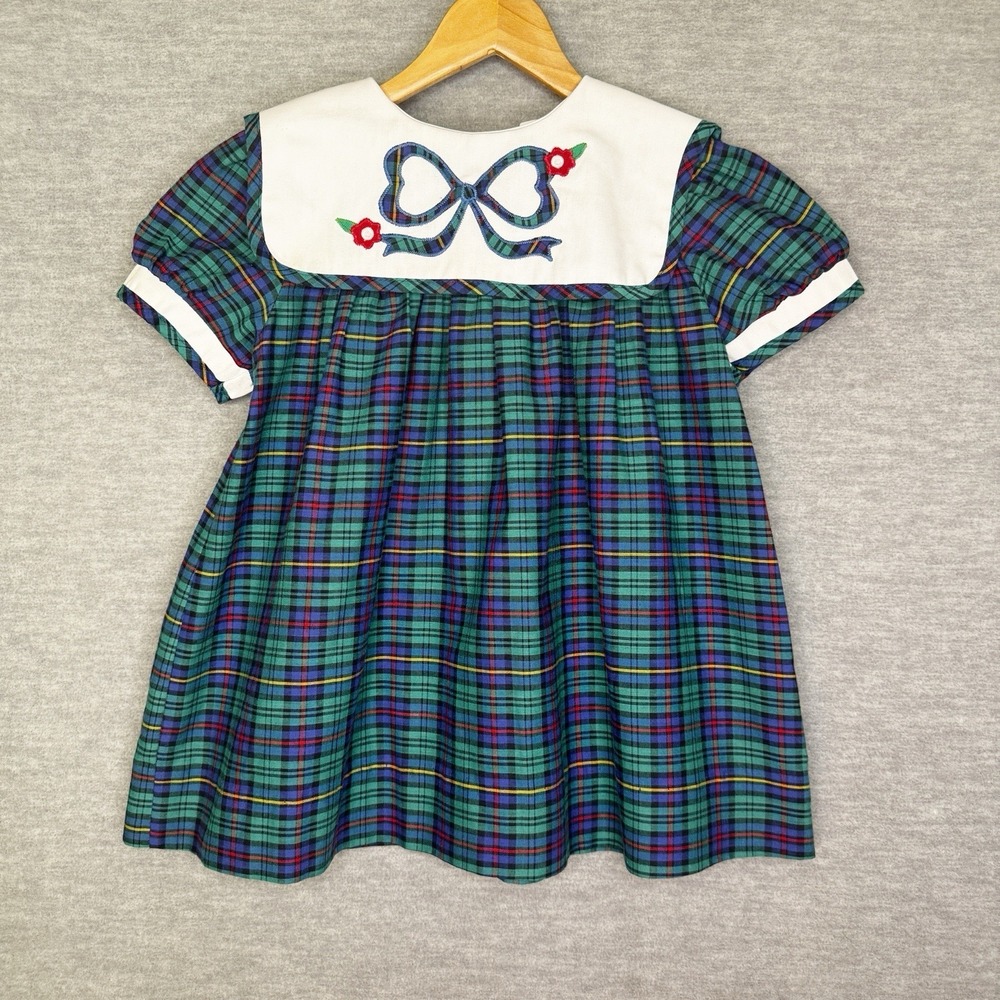 Vintage 80s Lisa Jackson Dress Size 3T Plaid Large Collar Applique Cottagecore